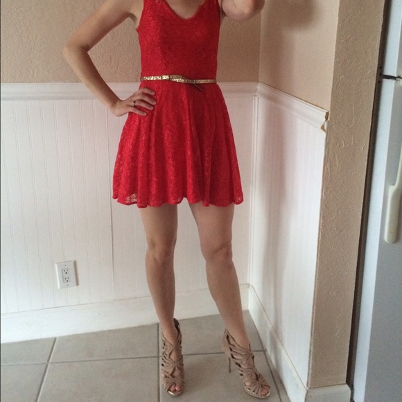 Incredibly Cute Red Lace Dress with Gold Belt - Picture 2 of 4