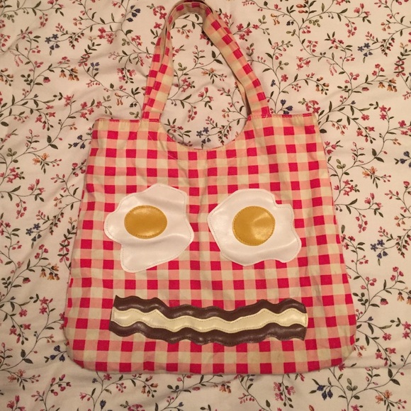 adorable eggs and bacon gingham tote bag