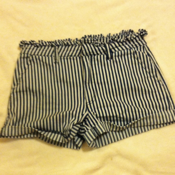 High waisted blue and white striped shorts