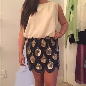 Beaded sequined blue and beige dress