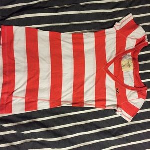 Orange and white striped V-neck shirt