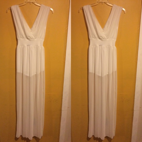 Brandy Melville Dresses & Skirts - White Sheer Romper Slit Sheer Goddess Maxi Dress