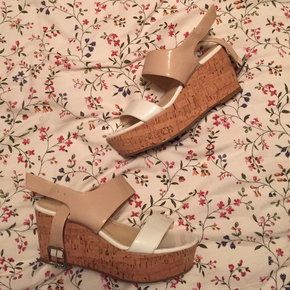 calvin klein white and tan platform wedges