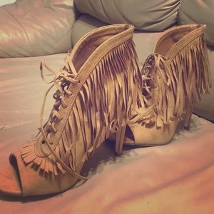Suede fringe high heeled booties
