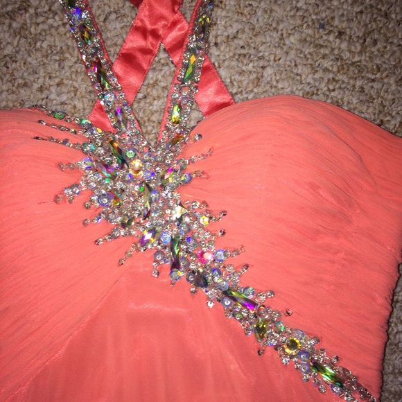 Long Coral Prom Dress with Silver Detailing