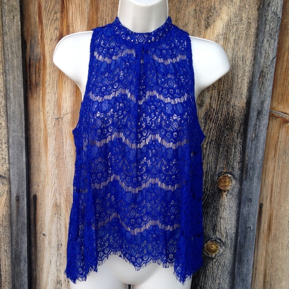 Tea n Cup Tops - NWT Royal Blue Lace Mock Neck Top Size S