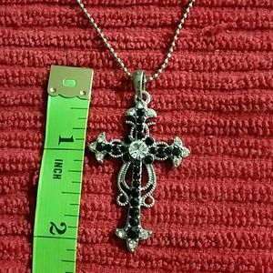 Silver/black crystal cross necklace