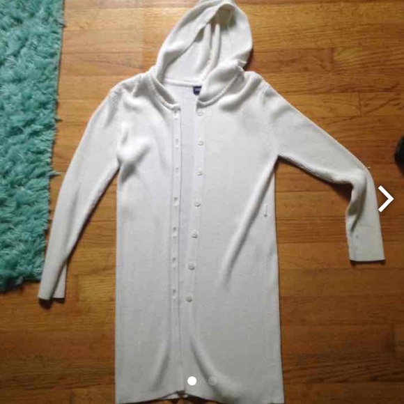 Long white button up hooded sweater