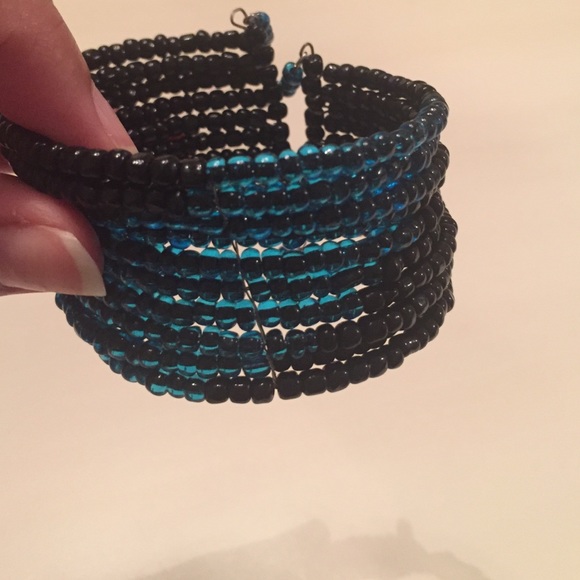 Black and Blue Beaded Cuff Bracelet - Picture 2 of 4