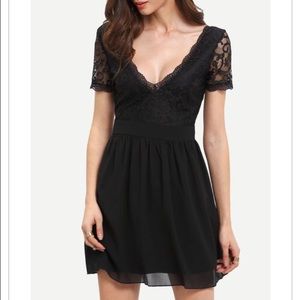 Lace black deep v neck dress