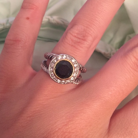 Black stone and pave ring on silver setting