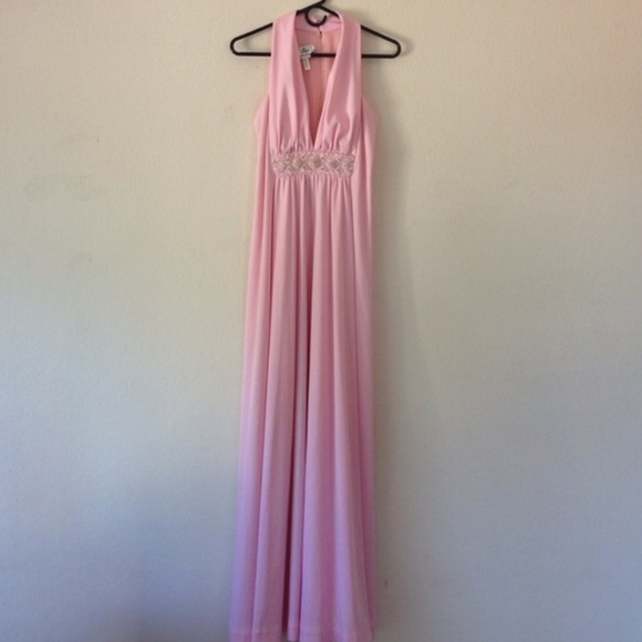 Vintage Pink Beaded Halter Maxi Dress