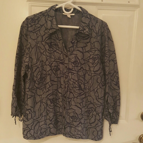 Floral, Denim, Button Front,  3/4 Sleeve