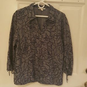 Floral, Denim, Button Front,  3/4 Sleeve