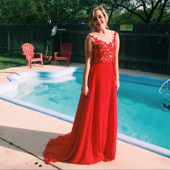 Red Lace Chiffon Full Length Prom Dress