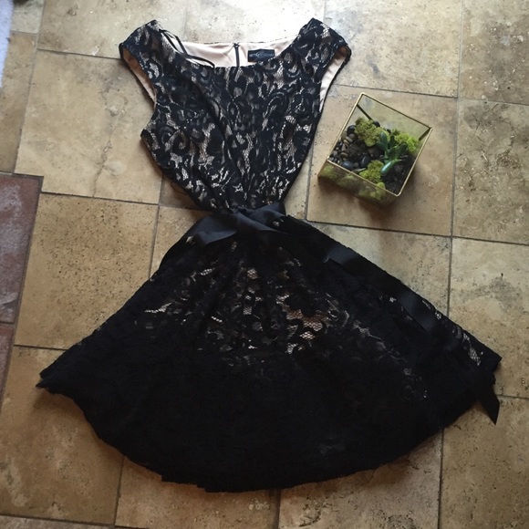 Plus size black lace stretch dress, A line, skater