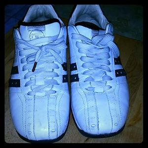 Navy blue and white leather Skechers