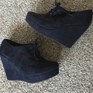 Black Suede Platform Tie Wedges