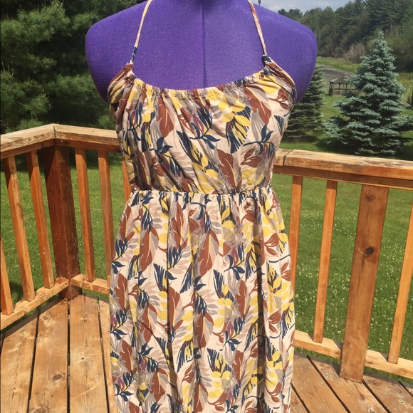 Multicolored, Leaf Printed Flowy Halter Dress