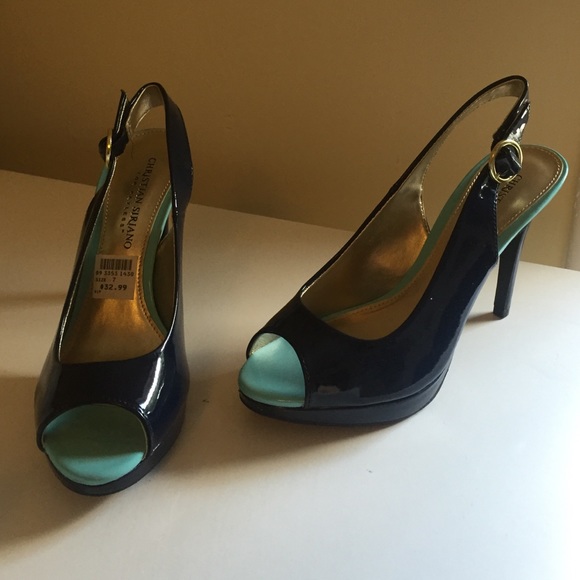 Navy and turquoise peep-toe slingbacks