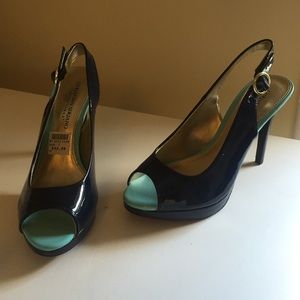 Navy and turquoise peep-toe slingbacks