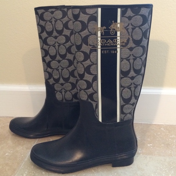 Coach Signature Rain Boots (Black w/ Grey Logo)