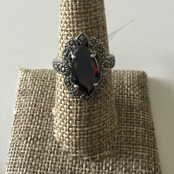 Black CZ Rhodium Plated Ring with marcasite 925