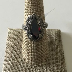 Black CZ Rhodium Plated Ring with marcasite 925