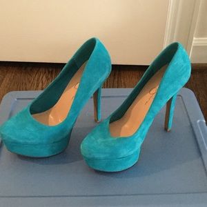 Bright blue suede heels.