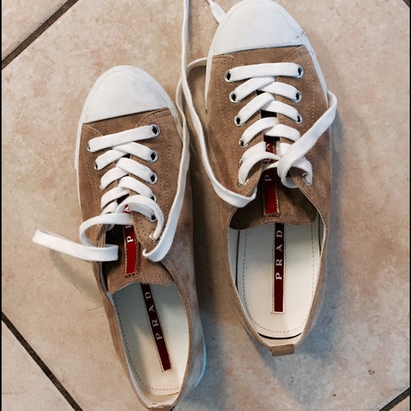 Prada suede tennis shoes - size 6.5 - tan / beige