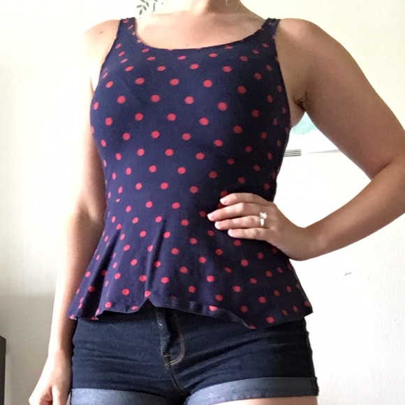 Navy blue and red polka dot Express peplum tank