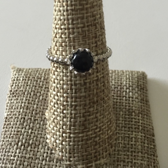 Black Stone with Beaded Sterling Silver Band 925