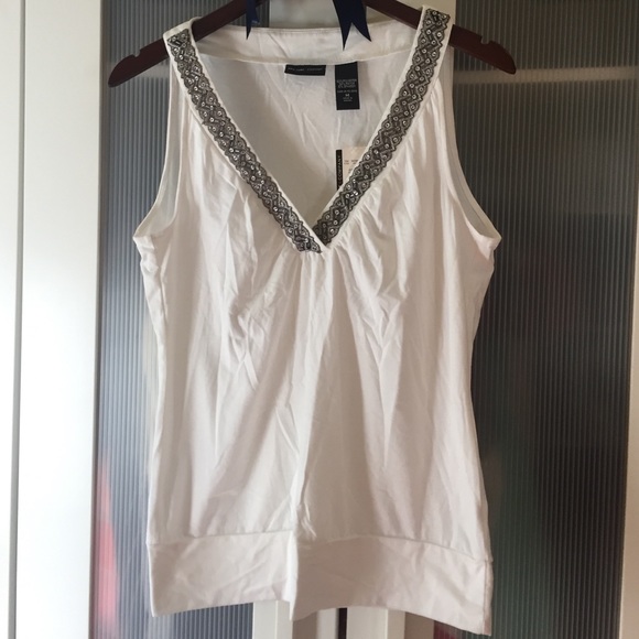 White v-neck tank with beading