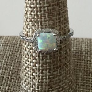 Square White Lab Opal Sterling Silver Ring 925
