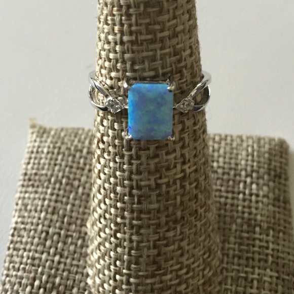 Light Blue Lab Opal Ring w/CZ Sterling Silver 925