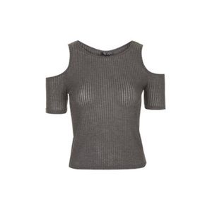 TOPSHOP GREY RIBBED CUTOUT COLD SHOULDER TOP