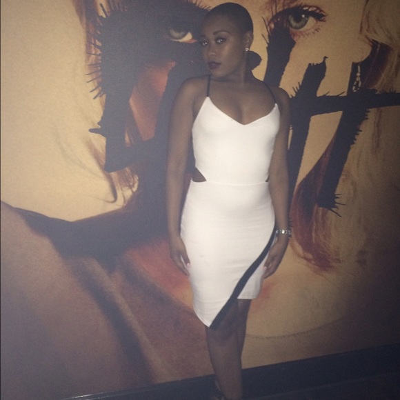 White bodycon asymmetrical midi dress