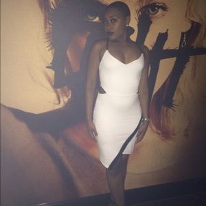 White bodycon asymmetrical midi dress