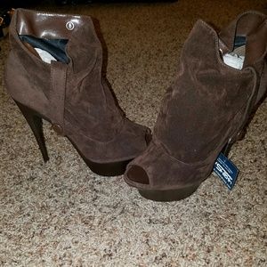 Faux suede, brown, peep toe, stiletto booties