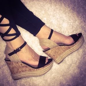 Black suede, rope and cork platform espadrilles