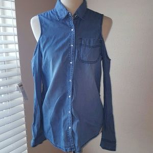 Exposed Shoulder Denim Shirt Light Denim