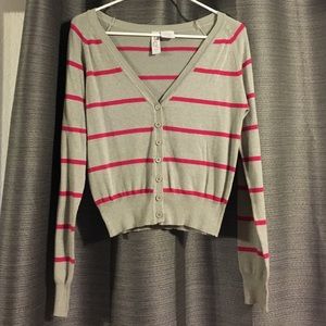 Gray cardigan with pink stripes