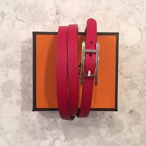 Hermes Red and Silver Hapi 3 GM Leather Bracelet