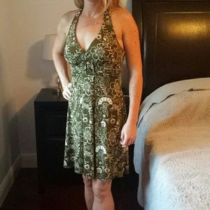 Pretty olive and cream halter print dress