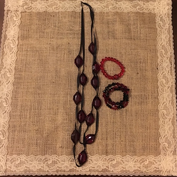 Red and black beaded bracelets and necklace