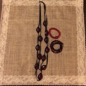 Red and black beaded bracelets and necklace