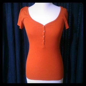 Orange Ribbed Button Short-Sleeved Shirt