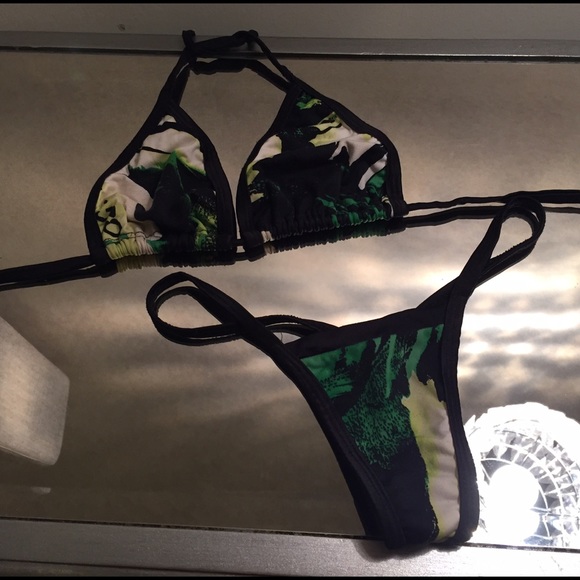 Tropical themed Green Yellow Black Thong Bikini