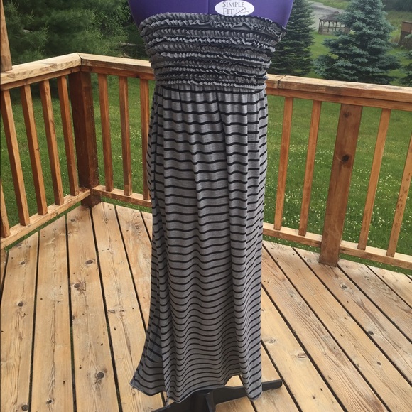Strapless, Ruffled Grey & Black Striped Maxi Dress