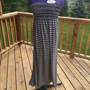 Strapless, Ruffled Grey & Black Striped Maxi Dress
